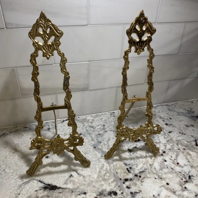 Pair Vintage Easels Ornate Art Plate Display Holders Solid Brass Victorian Style
