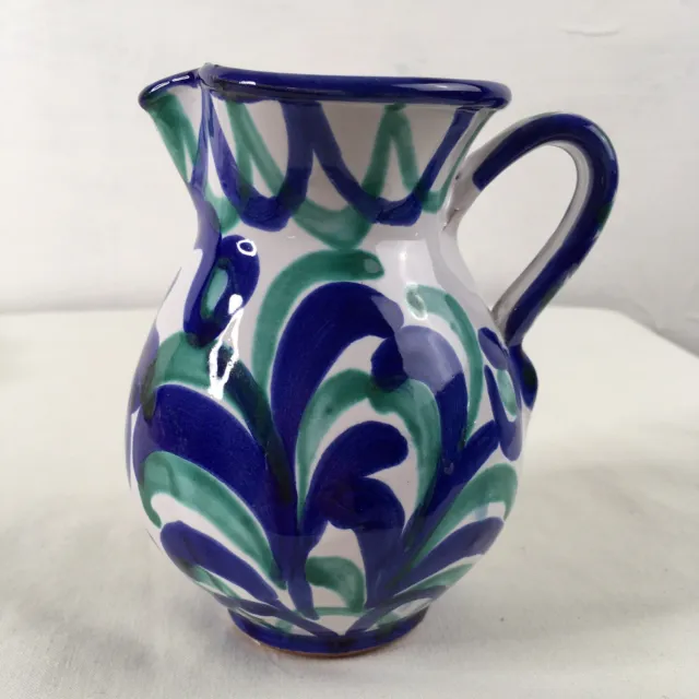 Vintage Studio Art Pottery Jug Vase Hand Painted  Blue Leaf Design Small