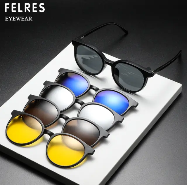 Men TR90 Round Eyeglasses 5 in 1 Magnetic Clip On Flip Up Polarized Sunglasses
