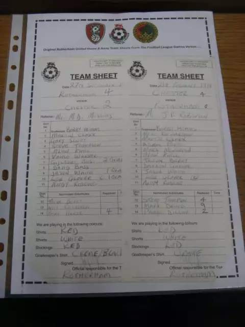 1997/1998 Rotherham United v Chester City: Original FL Team Sheets From The Home