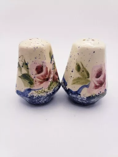 Vintage Floral Salt And Pepper Shakers Ceramic Hand Painted , Signed