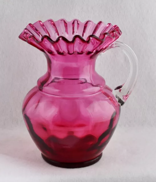 Cranberry Thumbprint Pitcher Clear Ribbed Applied Handle (9" Tall)