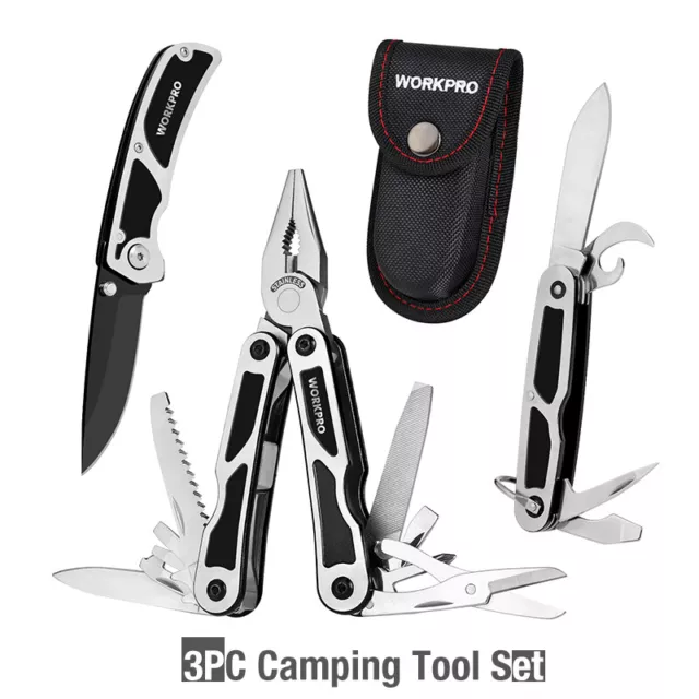 Workpro 3PC Camping Werkzeug Set 15in1 Multifunktionszange Klappmesser mitTasche