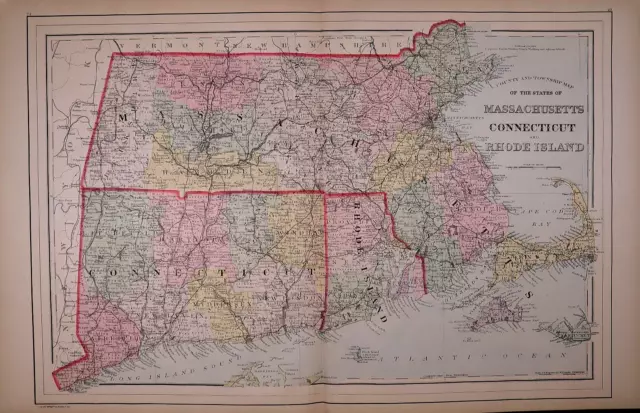 1887 Map ~ MASSACHUSETTS - CONNECTICUT - RHODE ISLAND (15x24)-#031