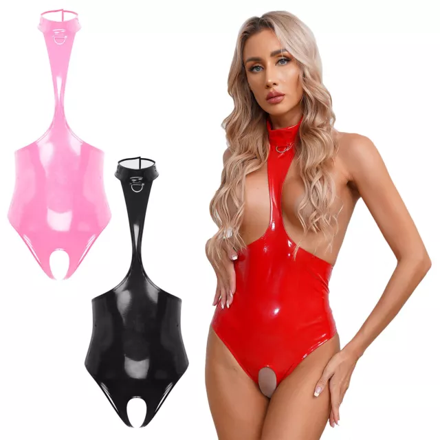 Womens Bodysuit Crotchless Catsuit Shiny Leotard Wet Look Lingerie Rompers Sexy