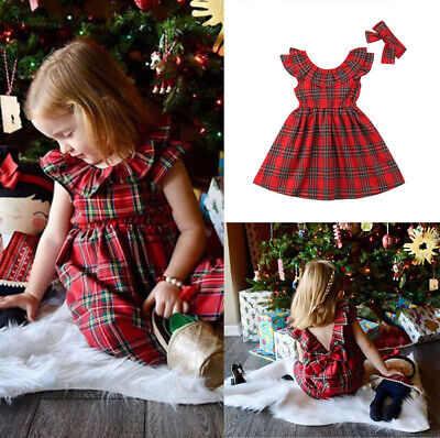 Newborn Baby Girls Christmas Clothes Plaid Romper Tops Skirts Headband Outfits