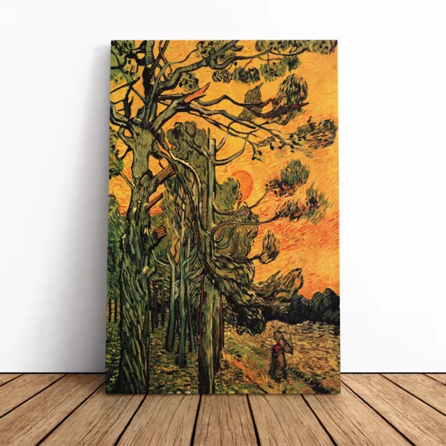 Vincent Van Gogh Pine Trees Against A Red Sky Canvas Wall Art Print Framed Decor