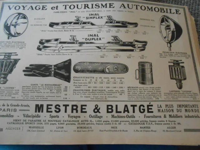 Publicité Advert 1926 Voyage Tourisme Auto Pare chocs Gants Réchaud Lanterne