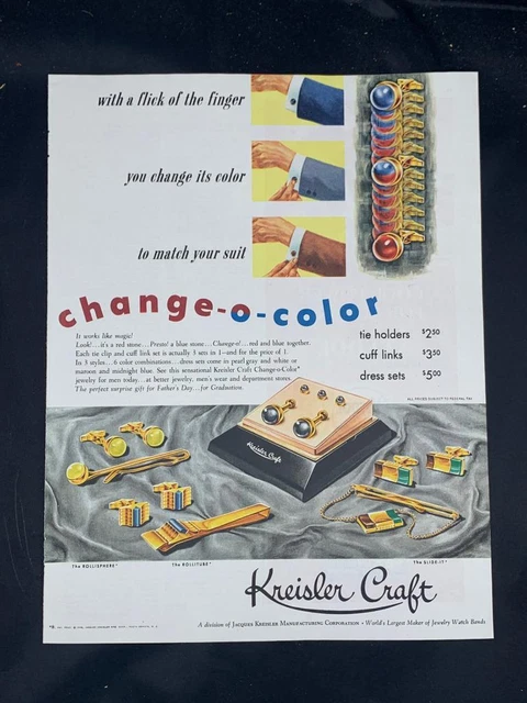 Magazine Ad* - 1949 - Kreisler Craft Change-o-Color Cuff Links