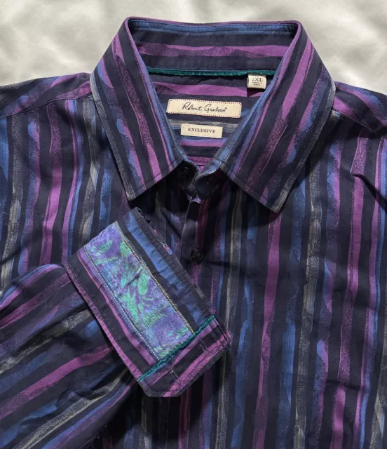 EUC🌟Robert Graham Exclusive Shirt 2XL Multi Stripe Tailored Fit Cotton Linen