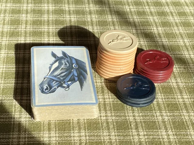 VTG Lot Jockey Track Race 20 Poker Chips & Blue Horse Horse Head Playing Cards