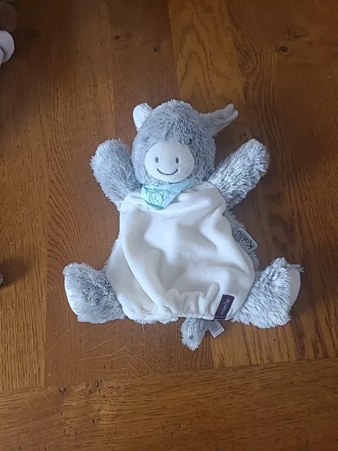 Doudou marionnette âne Régliss gris blanc beige KALOO foulard bleu ETAT NEUF