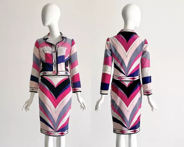 EMILIO PUCCI 1960's Pink Geometric Signature Print Velvet Skirt Suit Jacket Set