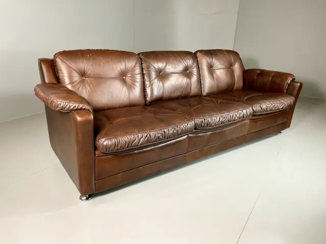 EB5853 Vintage Danish Three Seat Leather Sofa, Brown, Retro, MCM, 1970s, M3SS