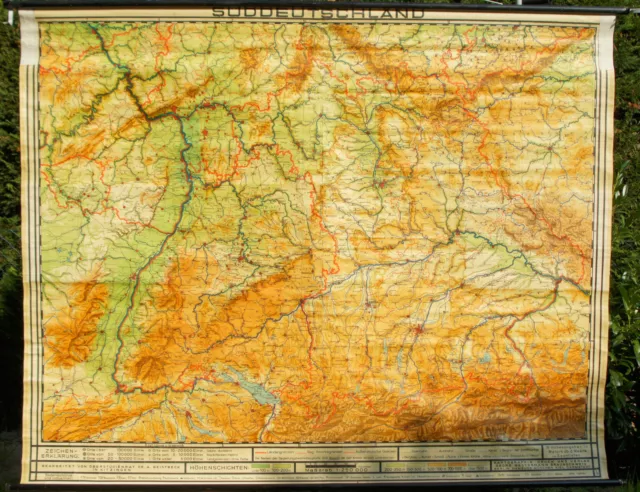 Schulwandkarte Map Allemagne Du Sud Bavière Baden Munich Alpes Alps 1955