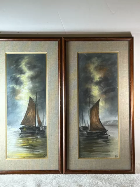 Watercolour Painting Set Of 2, Sailing Vessels, Very Tall, Great Detailed Sky