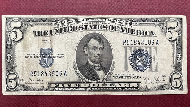1934 D Five Dollar Silver Certificate $5 Bill Blue Seal Note Circulated #59030