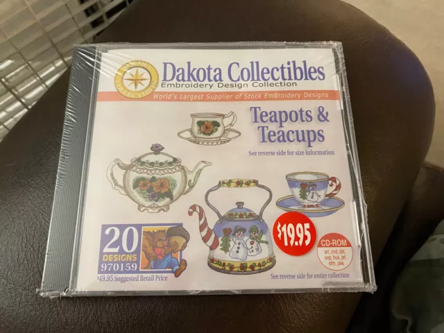 Teteras y tazas de té bordadas de colección Dakota 20 diseños CD ROM nuevas