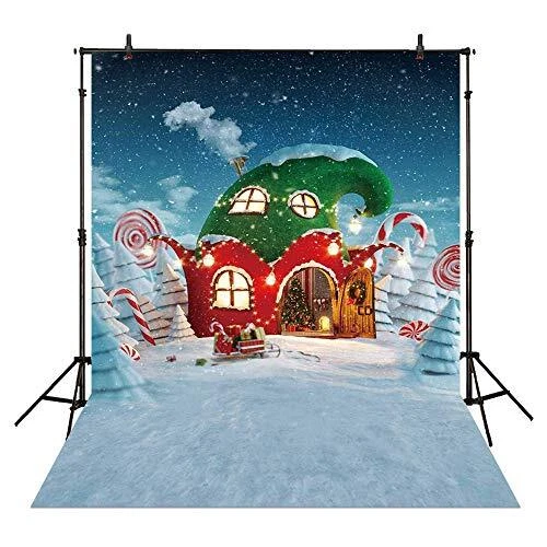 6x8ft Fabric Christmas Candy Canes House Backdrop Winter Snow Fairy Tale 6‘x8'