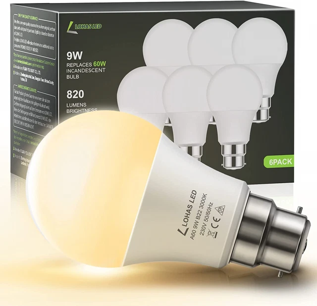 B22 Bayonet LED Light Bulb, LOHAS 9W Bulb Warm White 3000K,...