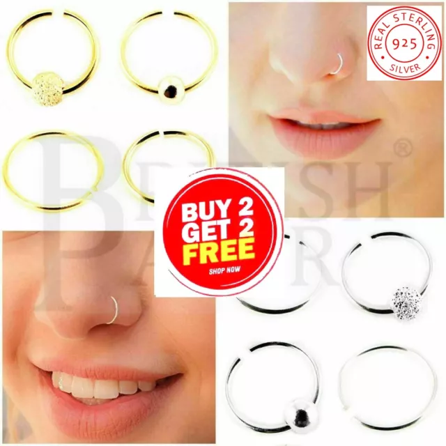 STERLING SILVER NOSE RING GOLD THIN PIERCING LIP EYEBROW HOOP WITH BALL 8mm 10mm