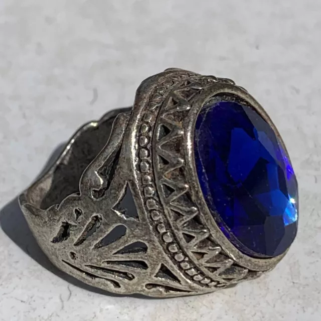 Rare Ancient Medieval Roman Silvered Color Warrior Talisman Ring Blue Stone