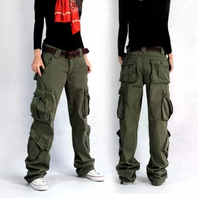 Womens Cargo Multi Pockets Casual Outdoor Loose Pants Long Straight Leg  Trousers
