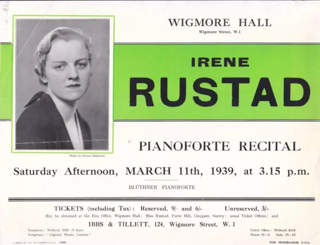 Concert Recital Programme 1939  Wigmore Hall Piano Irene Rustad