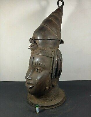 Large 26" African BENIN Bronze Royal OBA Queen Head Container, TRIBAL ART CRAFTS 3