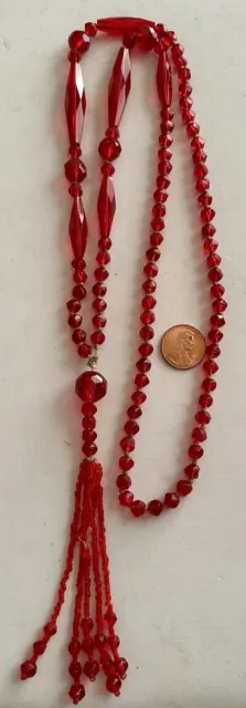Stunning RED Glass Bead Art Deco 31” Necklace With Bead Tassel