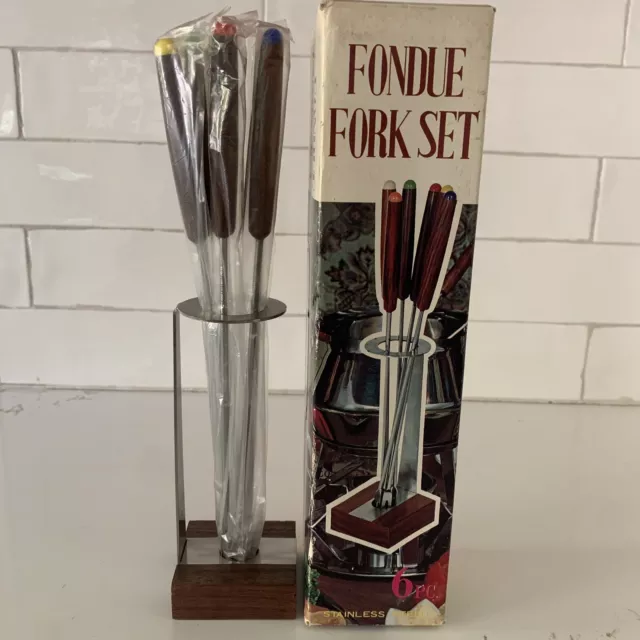 Vintage Fondue Fork Set Japan MCM Set Of 6 W/ Stand Stainless Steel Never Used