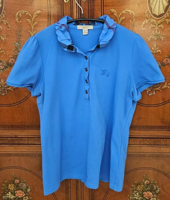 Authentic Burberry Brit Blue Cotton Pique Ruched Collar Polo T-Shirt Size M