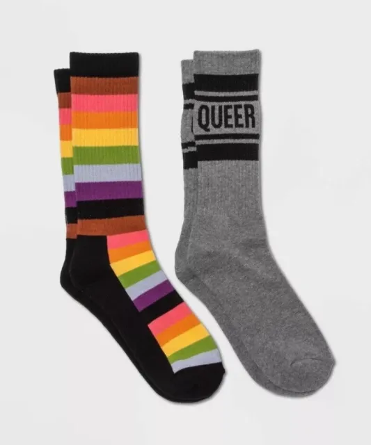 Take Pride Adult Large 2pk Socks Rainbow Striped & Queer LGBTQ Gay Pride