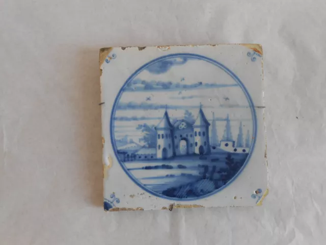 Antique Dutch Delft Blue Tile 17th/18th Century. Pottery. Castle