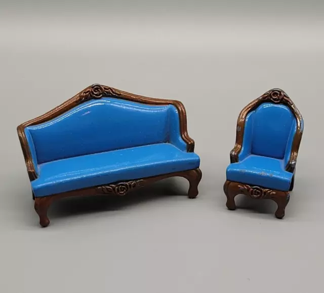 Vintage Littles 1980 Mattel Blue Sofa & Chair Mini Dollhouse Metal Furniture