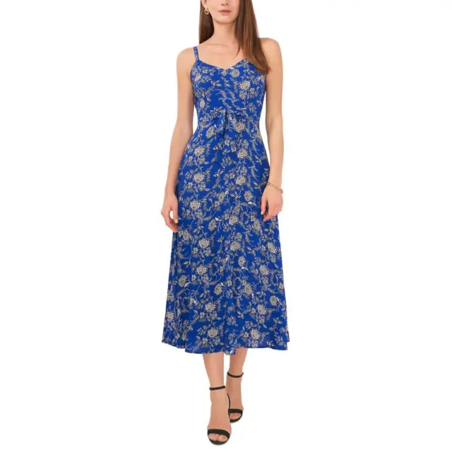 MSK Womens Blue V-Neck Tea Printed Midi Dress Petites PL BHFO 8677