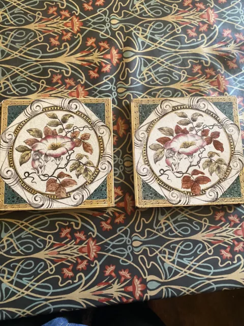 Pair Of Victorian Ceramic Tile Floral Flowers Leaf Convolvulus Antique