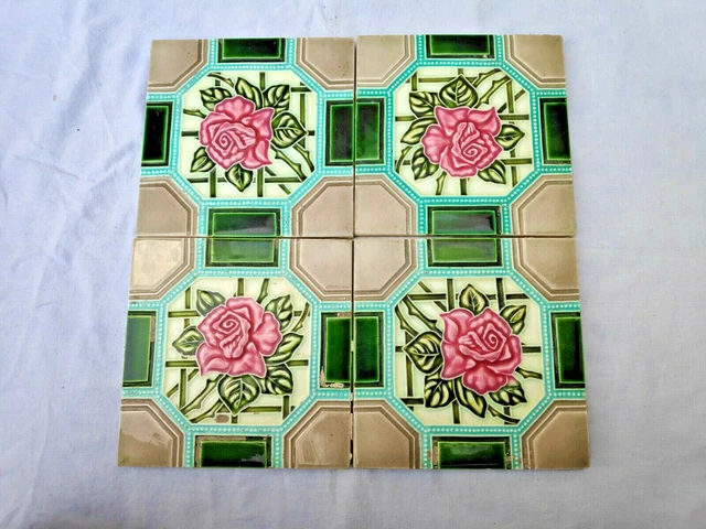 Vintage Embossed Majolica Art Nouveau Architecture Furniture Tile Japan 4 Pcs