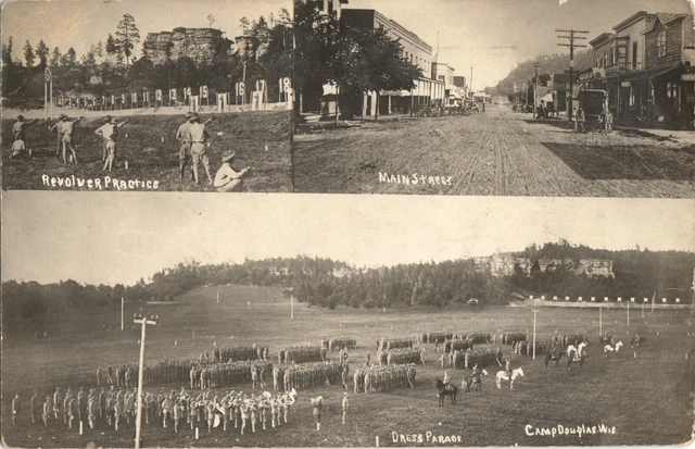 CAMP DOUGLAS, WI, FOUR VIEWS real photo postcard rppc MAIN STREET TARGET PARADE