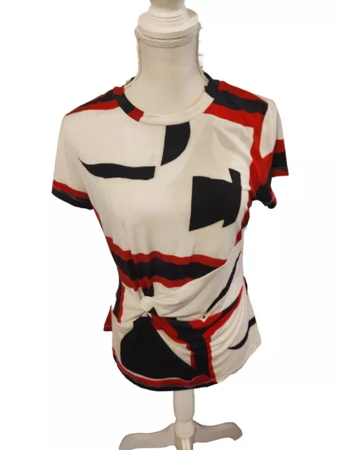 DKNY Women's Blouse Short Sleeve Geometric Design Sz Medium Red Black Beige NEW!