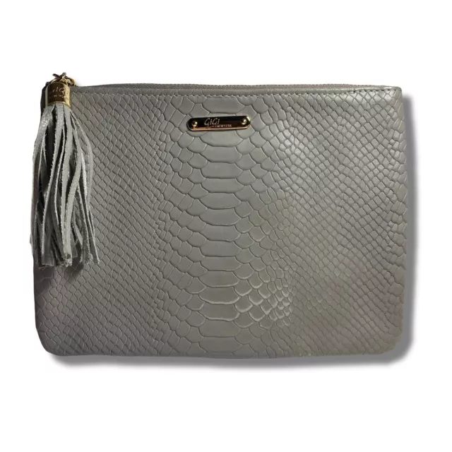 GiGi New York gray embossed python leather clutch bag w/ tasseled zipper