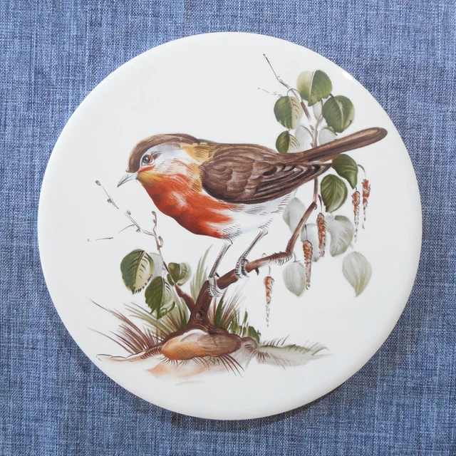 H & R Johnson Round Tile Trivet from ENGLAND Brown Orange Songbird Bird Wildlife
