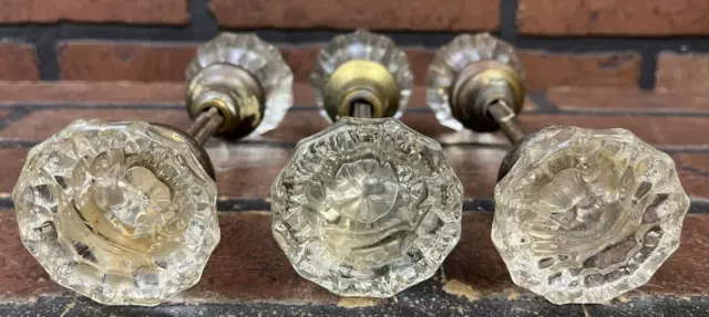 Vintage 12 Point Crystal Clear Glass Brass Door Knobs Lot of 3