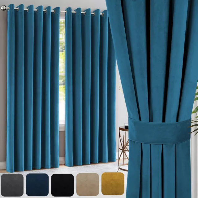 Heavy Velvet Curtains Eyelet Ring Top Ready Made Fully Lined Pair Blackout Panel