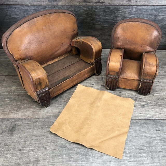 Antique c1930 Small Salesman Traders Brown Leather Suite Sofa & Armchair Samples