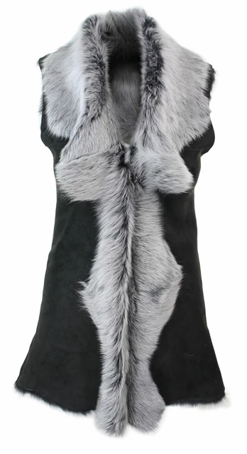 Ladies Real Spanish Toscana Shearling Sheepskin Black Grey Leather Waistcoat
