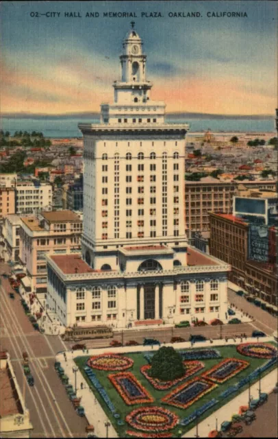 City Hall Memorial Plaza Oakland California aerial view ~ 1940s linen postcard