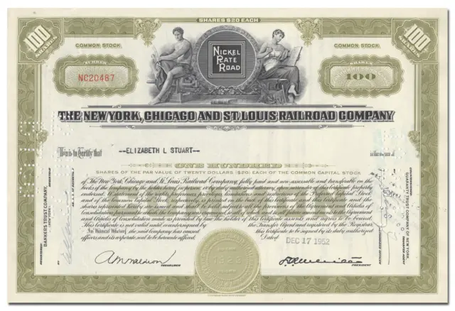 New York, Chicago and St. Louis Railroad Co Stock Certificate (Nickel Plate)
