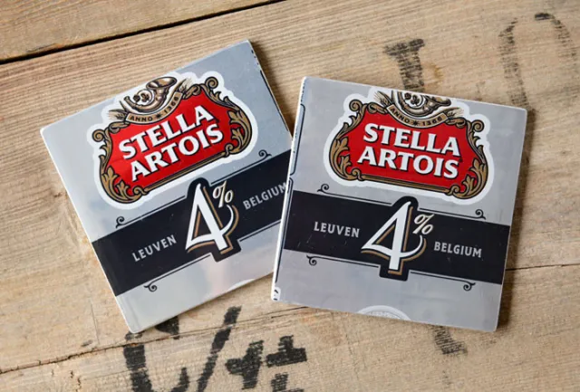 Man Cave Drinks coaster handmade from upcycled beer cans, Stella Artois Four
