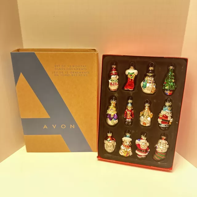 12 Avon Mini Christmas Glass Ornaments 2008 Santa Snowman Soldier Tree Cute NIB